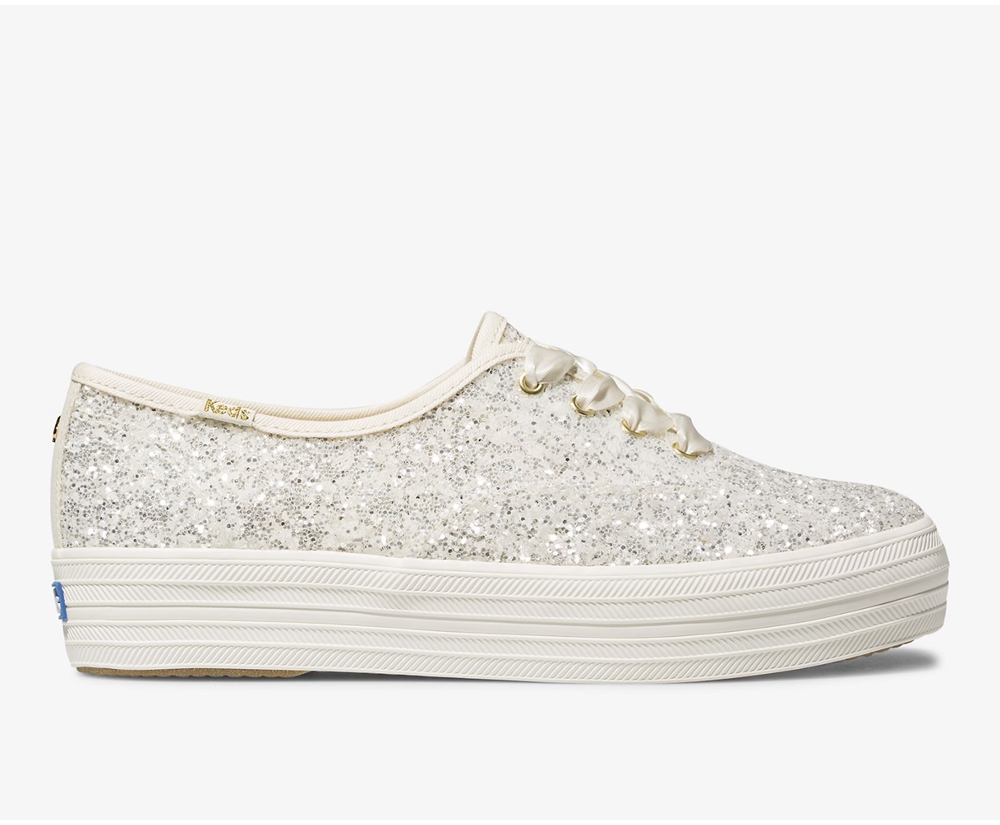 Tenis Keds Mujer Blancos - Kate Spade New York Triple Glitter - 9548-GIKFQ